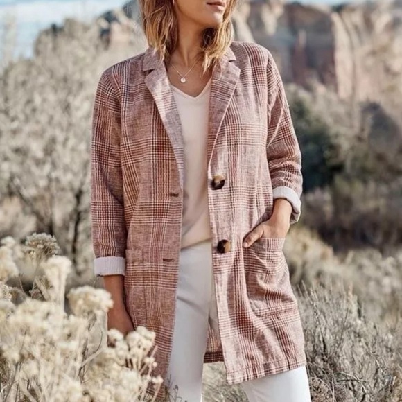 J.Jill Blazer Jacket Linen Blend Henna Plaid Lined Harper Sz M - Picture 1 of 13